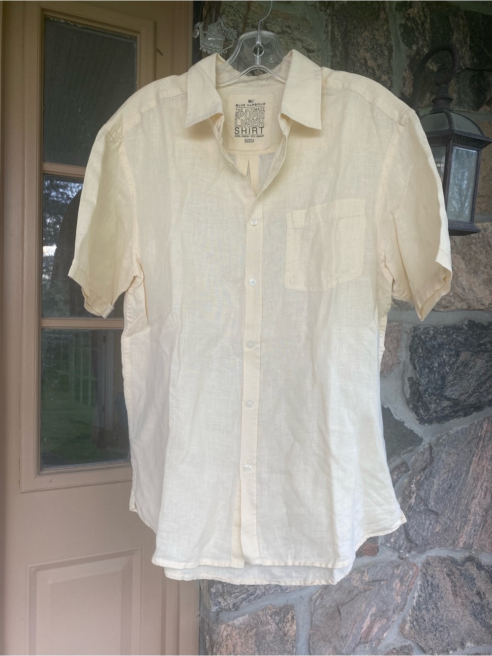 Marks & Spencer Men's Short-Sleeve Linen Button-Down Shirt - Light Yellow EUC